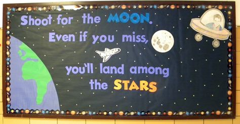 Music Classroom Bulletin Boards: Shoot for the Moon. Even if you miss, you'll land among the STARS. Moon Bulletin Board, Music Classroom Bulletin Boards, Motivational Bulletin Boards, Space Theme Classroom, Music Bulletin Boards, Diy Crafts For School, Christmas Bulletin Boards, Space Classroom, Reading Bulletin Boards