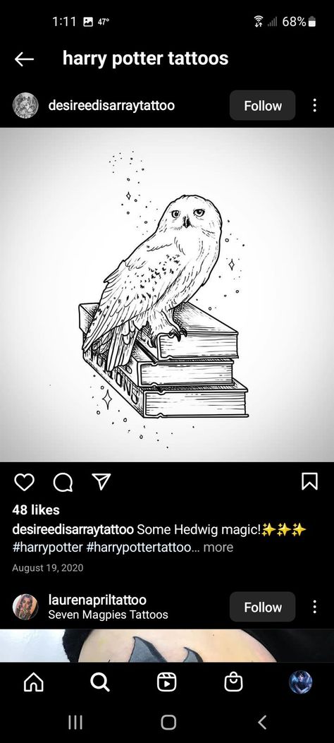 Harry Potter Books Tattoo Design, Hedwig Tattoo Small, Book Owl Tattoo, Harry Potter Letter Tattoo, Harry Potter Hedwig Tattoo, Hedwig Tattoo Harry Potter, Pua Cake, Harry Potter Owl Tattoo, Healer Tattoo