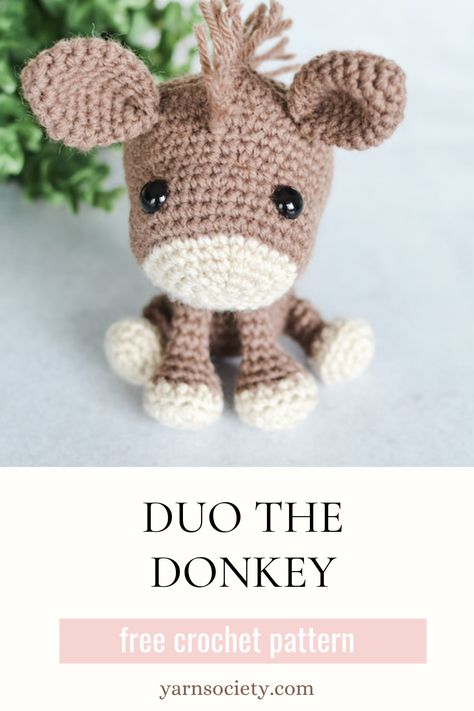 Crocheted Donkey in brown yarn sits in front of a green bush. Free Donkey Crochet Pattern, Free Crochet Donkey Patterns, Mini Horse Crochet Pattern Free, Donkey Amigurumi Free Pattern, Goat Amigurumi Free Pattern, Amigurumi Horse Free Pattern, Donkey Crochet Pattern Free, Crochet Donkey Free Pattern, Goat Crochet Pattern Free