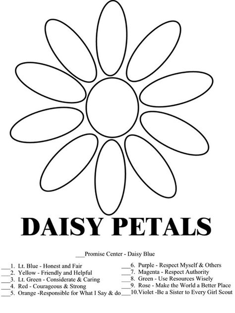 This has been an excellent way to let parents know which color petal to iron on, and it's nice for the girls to have a little "certificate" to show that they DID IT! LOVE THIS! It's essential, I think! Girl Scout Coloring Pages, Scout Coloring Pages, Girl Scout Daisy Petals, Girl Scout Daisy Activities, Girl Scout Promise, Girl Scout Law, Girl Scout Troop Leader, Brownie Girl Scout, Scout Mom