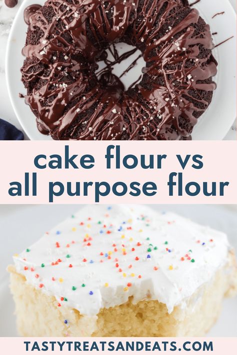 Cake flour vs. all purpose flour - which one should you use? Learn the difference between cake flour and all purpose flour for baking! Cake Flour Recipe Desserts Easy, All Purpose Flour Recipes, Cake Flour Recipe, Cake Flour Substitute, Desserts With Few Ingredients, Classic Cookies Recipes, Fruity Cake, White Cake Recipe, Cookie Recipes Unique