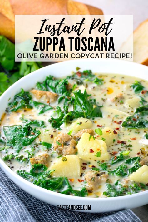 Instant Pot Zuppa Toscana, aka Instant Pot Tuscan Soup – a hearty, creamy, and delicious soup… ready in about 40 minutes. This one-pot, homemade Zuppa Toscana recipe is so filling, and loaded with tasty ingredients like Italian turkey sausage, kale, Parmesan cheese, and potatoes. Plus, it’s gluten-free. Instant Pot Zuppa Toscana Soup, Instant Pot Zuppa Toscana, Sausage And Kale Soup, Toscana Recipe, Sausage Kale, Zuppa Toscana Soup, Tuscan Soup, Italian Turkey, Toscana Soup