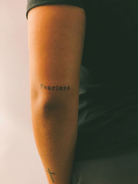 Word Tattoos On Arm Men, Typerighter Font Tattoo, Typewriter Font Tattoo Arm, Fearless Tattoo Font, Fearless Tattoo Men, Tattoo Text Font, Tattoo Typewriter Font, Name Tattoos On Neck, Typewriter Font Tattoo