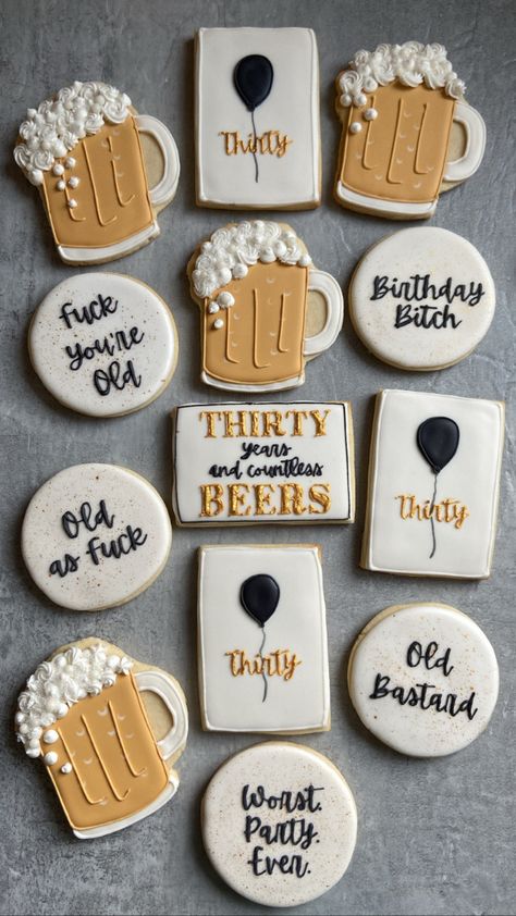 60th Cookies Birthday For Men, Beer Themed Cupcakes For Men, Thirsty 30 Party Ideas For Men, Guy 30th Birthday Ideas Decor, 30th Bday Cookies For Men, 30th Cookies For Men, Cookies For Men Birthday, 30 Theme Party Ideas For Men, 50th Birthday Cookies For Men Funny