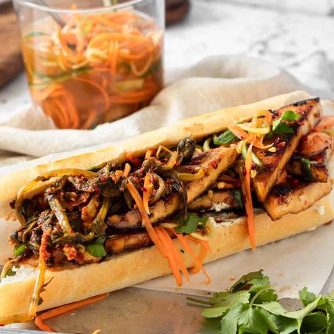 Vegan Tofu Banh Mi - For the Utter Love of Food Bahn Mi Marinade, Vegan Bahn Mi, Work From Home Lunch, Tofu Banh Mi, Quick Pickled Vegetables, Tofu Marinade, Bahn Mi, Vegan Tofu, Hot Sandwich