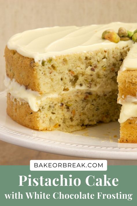 Pistachio Cake with White Chocolate Frosting is sweet, nutty, and wonderfully delicious! - Bake or Break #cake #pistachio #whitechocolate Boston Bakery, Pecans Desserts, Chocolate Frosting Easy, Cake Pistachio, Kitchenaid Recipes, Pistachio Cake Recipe, Cupcake Frosting Recipes, White Chocolate Frosting