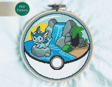 Pokeball terrarium Vaporeon Cross Stitch Pattern - Counted cross stitch - Eeveelutions Cross Stitch Pattern - Pattern Keeper Compatible Pokeball Terrarium, Water Cave, Pokemon Cross Stitch, Water Type, Counted Cross Stitch, Cross Stitch Pattern, Stitch Pattern, Terrarium, Pixel Art