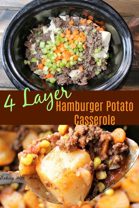 Crock Pot 4 Layer Hamburger Potato Casserole delicious hamburger recipe which cooks all day in the crock pot. #supper #easyrecipe #crockpotrecipe Crock Pot Supper, Hamburger Crockpot Recipes, Hamburger Potato Casserole, Hamburger And Potatoes, Hamburger Recipe, Crock Pot Pulled Pork Recipe, Crockpot Pasta Recipes, Chicken Crockpot Recipes Healthy, Vegetarian Crockpot Recipes