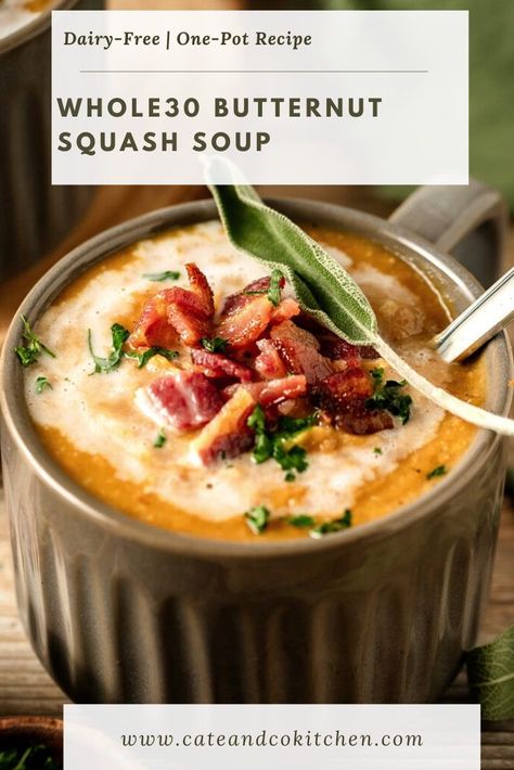 Whole30 + Paleo Butternut Squash Soup that is dairy free, gluten free, and packed with flavor and healthy ingredients. This easy soup recipe comes together so quickly and includes both instant pot and stove top directions. It’s the perfect comforting dish for chilly nights! Whole 30 Soups, Whole 30 Soup Recipes, Whole 30 Butternut Squash Soup, Whole Foods Butternut Squash Soup, Paleo Soups, Butternut Squash Soup No Dairy, Aip Butternut Squash Soup, Paleo Butternut Squash Soup, Whole 30 Soup