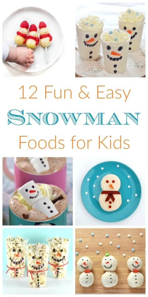 Snowman themed fun food ideas for kids - these cute ideas are perfect for party food lunch boxes snacks and treats - Eats Amazing UK Kid Christmas Party Food, Fun Food Ideas For Kids, Winter Party Foods, Party Food Boxes, Childrens Party Food, Fun Food Ideas, Food Ideas For Kids, Theme Snack, Snowman Treats