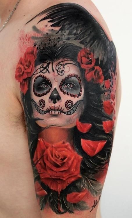 41 Amazing Sugar Skull Tattoos To Celebrate Día De Los Muertos, ravens, roses and realistic sugar skull Day Of The Dead Skull Tattoo, Sugar Skull Girl Tattoo, Sugar Skull Face Paint, Skull Face Paint, Catrina Tattoo, Sugar Skull Face, Skull Girl Tattoo, Hyper Realistic Tattoo, Kunst Tattoos