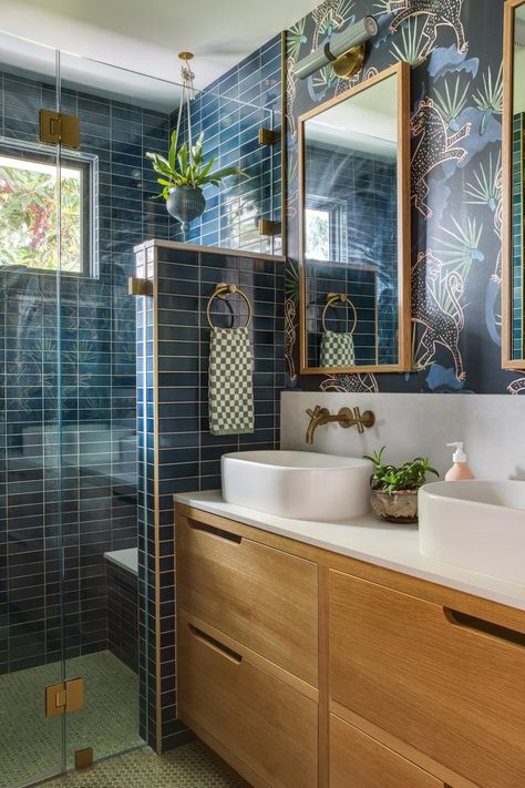 LOCUST STREET — Jen Samson Design Galley Bathroom Ideas, Blue Tiled Bathroom, Mission Tile West, Fireplace Tile Ideas, 70’s House, Blue Bathroom Ideas, Midcentury Modern Bathroom, Mermaid Bath, Mission Tile