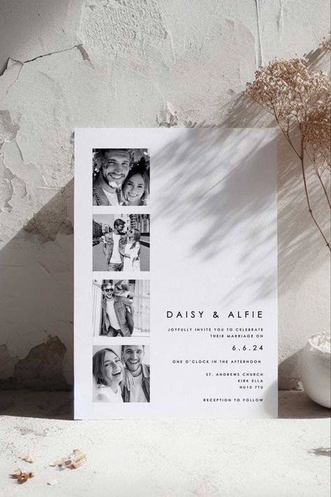 Black And White Photo Wedding Invitations, Photo Strip Invitation, Wedding Invitation Photoshoot Ideas, Wedding Invitations Photoshoot, Engagement Party Invitations With Photo, Wedding Invites With Photos, Collage Wedding Invitations, Wedding Invite With Photo, Wedding Invites With Pictures