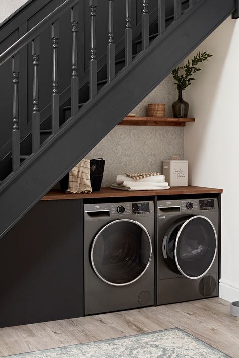 Hidden Laundry Rooms, Under Stairs Nook, Under Stairs Storage Solutions, Room Under Stairs, Space Under Stairs, Small Utility Room, Utility Room Designs, Stairs Renovation, Tiny Laundry Rooms