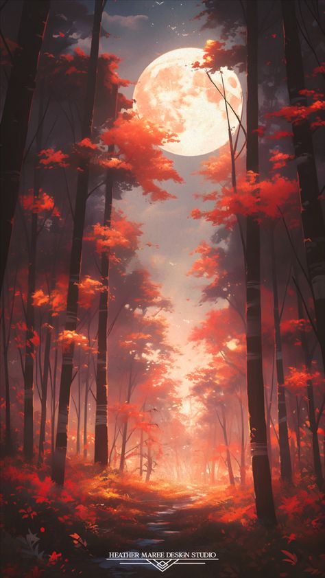 Experience the enchantment of autumn nights with this mesmerizing painting. Bathed in the silvery glow of a full moon, the forest comes alive with fiery orange leaves, creating a captivating scene that's perfect for your fall wallpaper, lock screen wallpaper, or Halloween wallpaper. Immerse yourself in the fall aesthetic as you explore the depths of this magical forest under the moon's radiant embrace | Autumn Nights | Fall Aesthetic  | Moonlit Forest | Halloween Wallpaper Backgrounds Orange Aesthetic, Orange Canopy, Full Moon Light, Forest Halloween, Wallpaper Lock Screen Wallpaper, Wallpaper Lock Screen, Monster High Art, Fall Background, Fantasy Forest