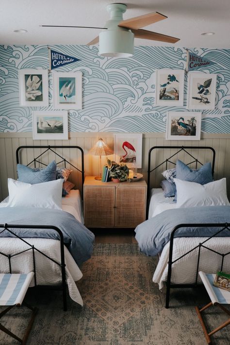 Boys Wallpaper Bedroom, Boys Beach Bedroom, Sibling Room, Boys Shared Bedroom, Wave Wallpaper, Bedroom Coastal, Nesting With Grace, Kids Shared Bedroom, Shared Girls Bedroom