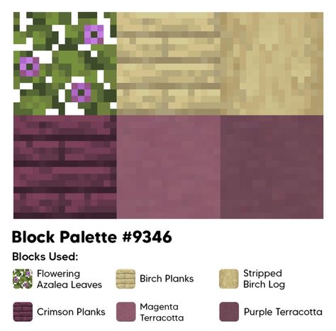 Minecraft Block Palette Crimson, Minecraft Block Palette Birch, Minecraft Amethyst Palette, Purple Block Pallet Minecraft, Mangrove Block Palette, Birch Block Pallet Minecraft, Minecraft Cherry Palette, Mangrove Color Palette Minecraft, Minecraft Spruce Palette