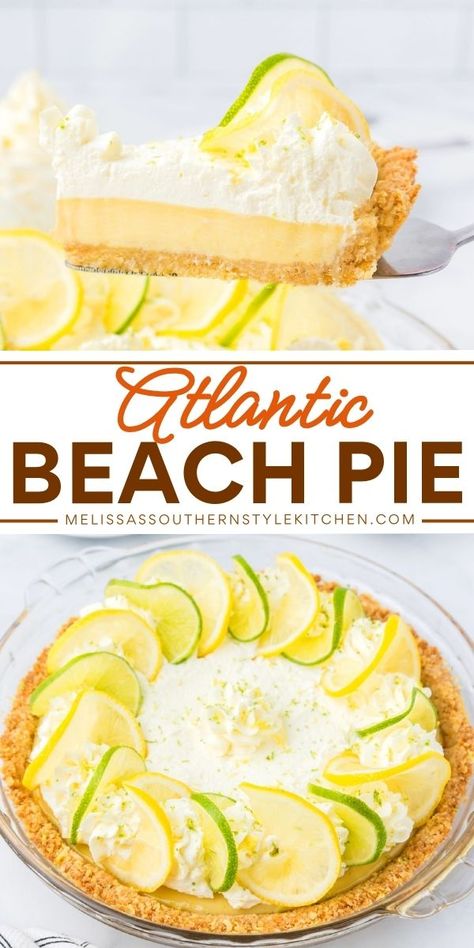 This summer dessert recipe is a wonderful take on Chef Bill Smith's brainchild! It's a spring baked good that features a saltine cracker crust. Bursting with bright, fresh flavor, this homemade Atlantic Beach Pie is so good. Enjoy this citrus pie as a Mother's Day treat! Saltine Cracker Pie Crust, Easy Summer Pies, Cold Pie Recipes, Saltine Cracker Crust, Citrus Pie, Beach Pie, Water Pie, Summer Pies, Atlantic Beach Pie