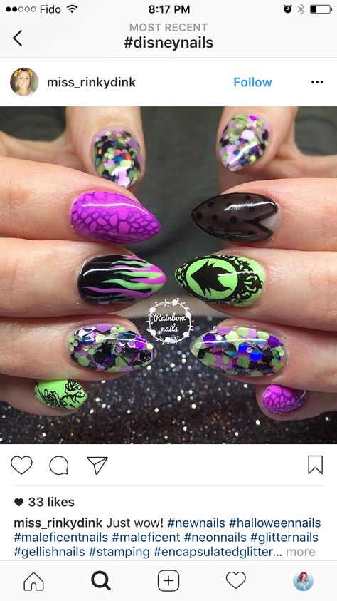 Ursula Nail Art, Disney Villains Nails, Maleficent Nail Art, Disney Villain Nails, Villain Nails, Gellish Nails, Maleficent Nails, Character Nails, Disney Evil Queen