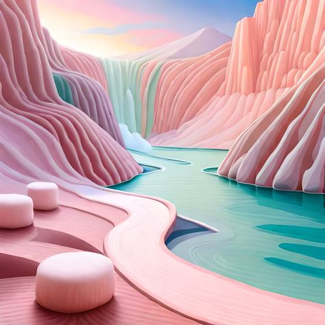 Candy World Illustration, Surreal Environment, Candy Mountain, Pink Marshmallows, Dream Place, Dream World, Liminal Spaces, Rose Bonbon, Fun Places To Go