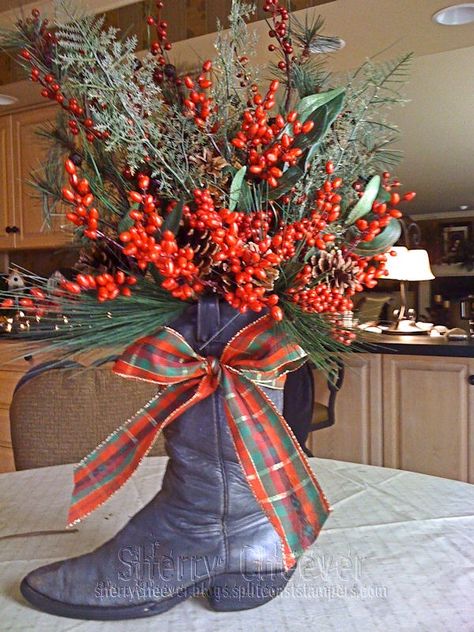 cowboy boot flower arrangements | my uncle’s cowboy boot! (Editor’s note: photo taken with iPhone ... Western Christmas Decorations, Cowboys Wreath, Cowgirl Christmas, Texas Christmas, Western Crafts, Santa Boots, Country Christmas Decorations, Cowboy Christmas, Western Christmas