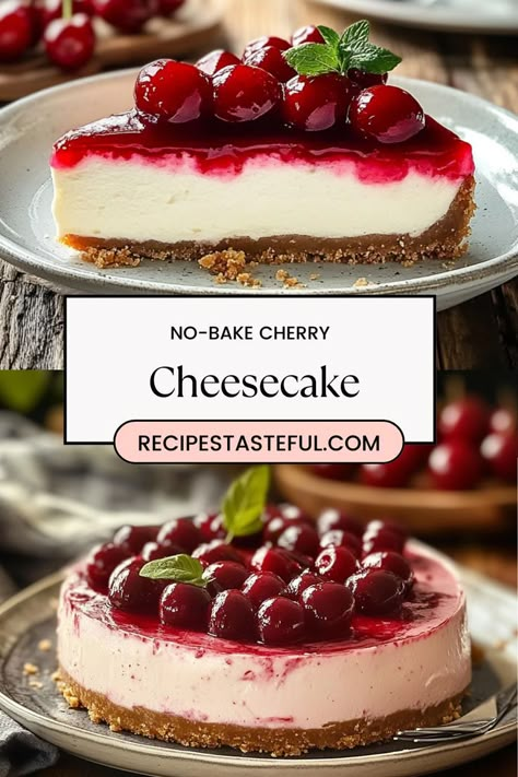 This Easiest No-Bake Cherry Cheesecake is a delightful, creamy dessert that combines a buttery graham cracker crust with a smooth cream cheese filling, topped with sweet cherry pie filling. Perfect for any occasion, this easy recipe requires no baking and is sure to impress your guests! Sweet Cherry Pie Filling, Cheese Cake Filling, No Bake Cheesecake Filling, Cherry Cheesecake Recipe, Sweet Cherry Pie, No Bake Cherry Cheesecake, Cream Cheese Desserts, Christmas Cabin, Baked Cheesecake Recipe