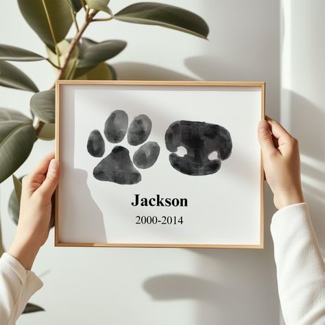 This is a new project I’ve been working on that’s now available!! I’ve always wanted a paw print of my doggy but knew he’d never let me make one , so I drew it 😅! I thought this would be perfect for pet loss and to just show off your doggy’s paw and wet nose! I purposely made this very minimalist so it’ll fit in anywhere! The text is editable and ALL I NEED is a photo of your dog’s paw & nose to make it!! . . . #petloss #petlosssupport #petkeepsake #dogloss #dogmemorial #doglover🐶 #souldog #... Dog Nose Print Art, Dog Nose Print, Pet Keepsake, Dog Nose, Loss Of Dog, Dog Memorial, The Text, Pet Loss, New Project