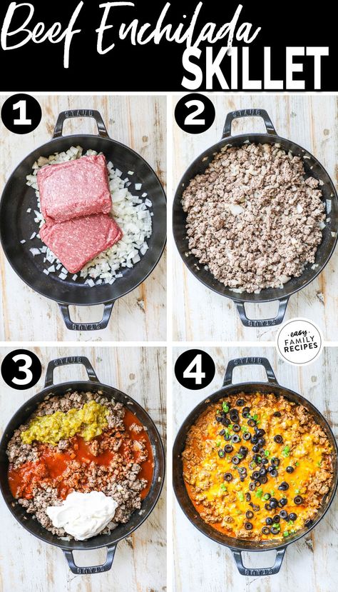 Husband FAVORITE! Beef Enchilada Skillet is a supper quick and easy way to get all the delicious flavor of ground beef enchiladas with none of the carbs! This low carb dinner idea is perfect for the whole family since it can be served low carb, or used to stuff tortillas, over chips, or rice. It is the best easy ground beef dinner recipe and a regular on our dinner rotation. Make it for an easy weeknight dinner or a keto dinner that the whole family will love! Quick Low Carb Ground Beef Recipes, Easy Keto Recipes With Ground Beef, High Protein Dinner Ground Beef, Impossible Ground Beef Recipes, Ground Beef Casserole Recipes Healthy, Beef Enchilada Skillet Recipe, Beef Enchilada Skillet, Easy Ground Beef Dinner, Skillet Enchiladas