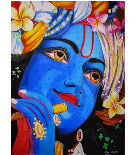 Oil Pastel God Drawings, Krishna Ji Oil Pastel Drawing, Radha Krishna Oil Pastel Drawing, Krishan Ji Drawings, Krishna Oil Pastels Drawing, Krishna Face Painting, Devotional Drawings, Krishna Ji Painting, Krishna Sketch