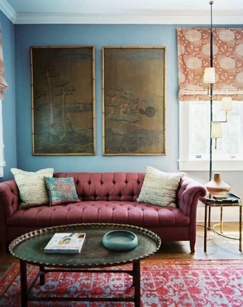 DESIGN DILEMMA: DECORATING AROUND THE BURGUNDY SOFA Marsala Pantone, Rosa Sofa, Burgundy Sofas, Pantone 2015, House Of Turquoise, Pink Sofa, Living Room Photos, Colourful Living Room, Blue Living Room