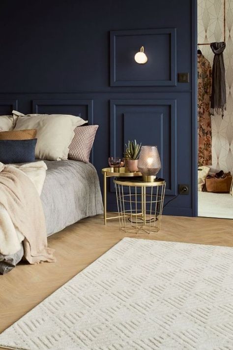 20 Best Bedroom Colour Combination Ideas : Navy Blue, Blue Teal and Brown Midnight Blue Bedroom, Parquet Chevron, Tropical Luxe, Blue Bedroom Colors, Blue Bedroom Walls, Dark Blue Bedrooms, Navy Blue Bedrooms, Best Bedroom Colors, Bedroom Color Combination