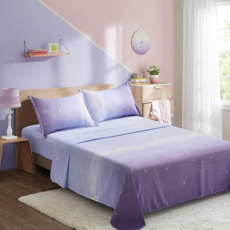 PRICES MAY VARY. 3 Pieces Kids Sheets Set For Girls: Twin size gradient purple lavender girls bedding set includes 1 Fitted Sheet: 39"x75"+12", 1 Flat Sheet: 66"x96", 1 Pillowcase: 20"x28". Stylish Rainbow Girls Bedding Set : Colorful omber purple lavender sheets set twin size presents a cozy and modern style. brings simple and elegant feel, and easy to fit to any girls women room's decoration. Premium Microfiber Material Sheet Set: Super soft microfiber fabric girls fitted and flat sheet set, a Pink Purple Girls Bedroom, Pastel Purple Bedroom Aesthetic, Girls Purple Bedroom Ideas, Purple Teen Room, Pink And Purple Girls Room, Lavender Sheets, Lavender Girls Room, Pink And Purple Bedroom, Small Girls Bedrooms