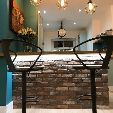 Brick Breakfast Bar, Under Island Wall Brick, Bar Shelves On Brick Wall, Floating Breakfast Bar, Brick Slips Kitchen Wall, Industrial Brick Wall Bar, Kitchen Brick, Floating Breakfast, Brick Feature Wall