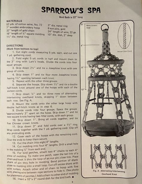 Macrame Bird Feeder, Macrame Bird, Vintage Macrame Patterns, Cat Space, Vintage Macrame, Macrame Plant Hanger Patterns, Macrame Tutorials, Macrame Home Decor, Wooden Embroidery Hoops