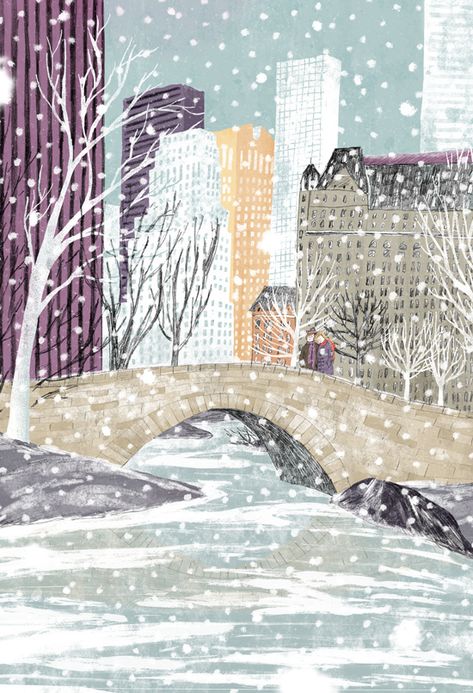 New York on Behance Nyc Snow, Snow Illustration, Naive Illustration, Winter Illustration, Painting Snow, City Illustration, Winter Art, Print Collage, Book Illustration