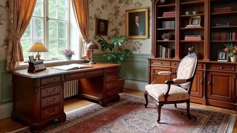 Victorian Home Office: 11 Stunning Design Ideas to Inspire Victorian Home Office, Modern Victorian Bedroom Ideas, Modern Victorian Bedroom, Library Table Desk, Traditional Home Offices, Home Office Design Ideas, Eclectic Dining Room, Mahogany Desk, Office Design Ideas