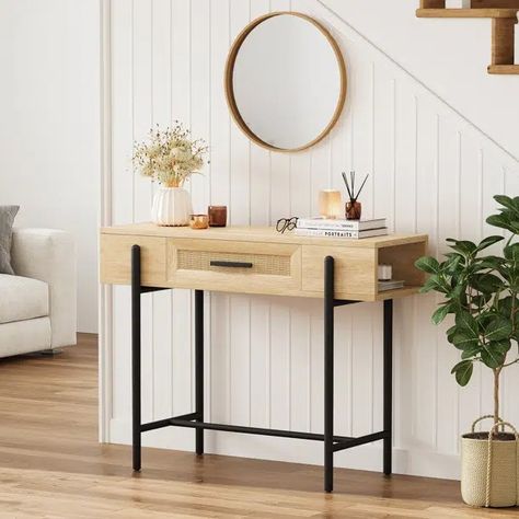 Bay Isle Home Earvie 31.5'' Console Table & Reviews | Wayfair Entry Table With Drawers, Narrow Entry Table, Behind Couch Table, Modern Entry Table, Rattan Console Table, Rattan Console, Sofa Table With Drawers, Entryway Table With Storage, Sofa Table Design