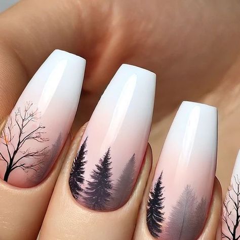 Tamara Margaryan on Instagram: "Nature-Inspired Nail Art 🌿✨  Check out this stunning nature-inspired nail art! 🌳🌸 The beautiful blend of trees and subtle profiles creates a dreamy, ethereal effect on a soft pink and white gradient. Perfect for anyone who loves unique and artistic nail designs. 💅💕  #nailart #naturenails💅 #doubleexposure #naildesign" Mountain Wedding Nails, Glass Looking Nails, Fall Tree Nail Designs, Nature Nail Ideas, Nature Nails Acrylic, Mountain Vacation Nails, Artistic Nail Art, Lighthouse Nails, Nail Art Inspo Simple