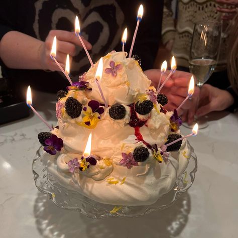 Pavlova Tower, Pavlova Birthday Cake, Layered Pavlova, Blackberry Puree, Pavlova Cake, Small Birthday Cakes, Lilac Blossom, Birthday Inspo, House Studio