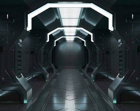 Black Spaceship, Sci Fi Ship Interior Design, Alien Spaceship Interior Concept Art, Futuristic Lab, Sci Fi Cockpit Spaceship Interior, Sci Fi Hallway, Futuristic Space Station Interior, Space Station Concept Art Interior, Scifi Corridor