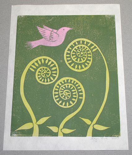 Fiddlehead ferns with bird linocut print by Mary B., via Flickr Fiddlehead Tattoo, Bird Linocut, Fiddlehead Ferns, Fern Tattoo, Feather Crown, Ink Doodles, Linoleum Print, Lino Art, Hand Carved Stamps