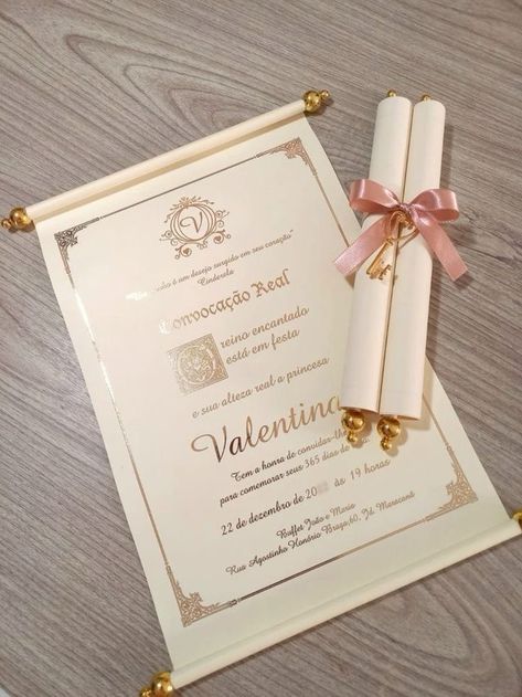 Scroll Quince Invitations, Rolled Up Quince Invitations, Cute Invitation Ideas For 15, 15 Cards Invitations, Aesthetic Quince Invitations, Invitation Ideas For Quinceanera, Cute Quince Invitations, Pink 15 Invitations, Invation Cards Quince