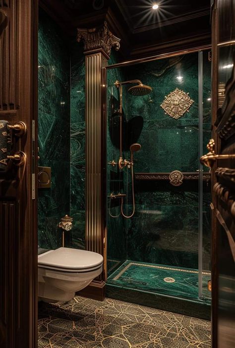 Art Deco Shower Room, Fancy Bathroom Luxury, Shower Area Design, Green Bathroom Design, Bathroom Tile Design Ideas, Tile Design Ideas, Fancy Bathroom, Dream House Aesthetic, Dream Shower