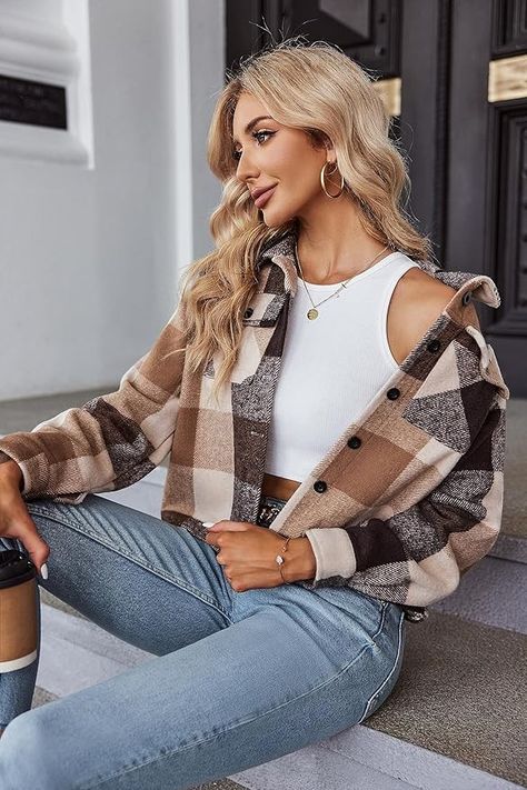 Fall Fashion Cropped Shacket Jacket #ad Cropped Shacket, Checked Shirt Women, Outwear Fashion, Plaid Cardigan, Winter Plaid, Pockets Fashion, Retro Jacket, Winter Shirts, Jacket Outfit