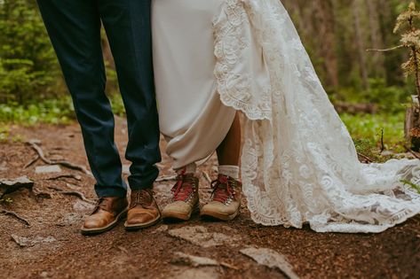 Hiking Wedding Boots, Hiking Boots Under Wedding Dress, Wedding Dresses With Hiking Boots, Hiking Boots With Wedding Dress, Hiking Boots And Wedding Dress, Boho Mountain Elopement, Bride Hiking Boots, Bridal Hiking Boots, Mountain Elopement Shoes