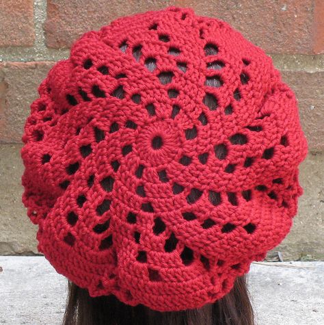 Ravelry: Sylvia Spiral Beret by AlyseCrochet Crochet Beret Pattern, Pola Topi, Crochet Adult Hat, Beret Pattern, Crochet Slouchy Hat, Crochet Beret, Crocheted Hat, Bonnet Crochet, Crochet Knit Hat