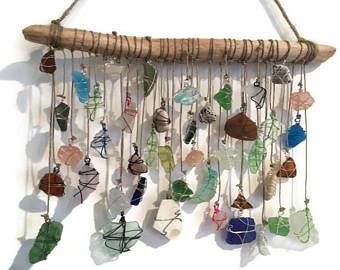 Sea Glass Suncatcher, Sea Glass Window Art, Sea Glass Window, Bohemian Sun, Unique Wind Chime, Suncatcher Diy, Driftwood Mobile, Beach Glass Crafts, Driftwood Art Diy