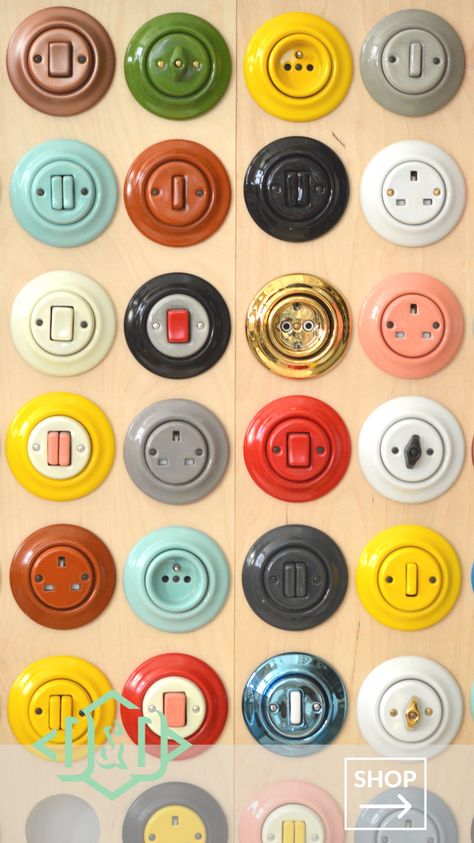 Be inspired by our beautiful range of Katy Paty porcelain wall sockets & light switches in your choice of a variety of colours, styles and finishes. Ideal for any interior design project, home improvements, or renovation. These retro switches and dimmers will brighten up any room! Retro Switches And Sockets, Porcelain Switch, Katy Paty Socket, Coloured Light Switches, Wall Sockets Ideas, Retro Light Switches, Katy Paty Switch, Sockets And Switches, Kitchen Sockets