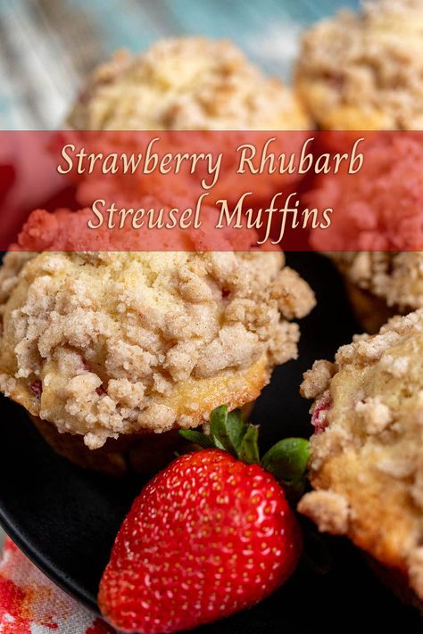 Strawberry rhubarb muffins with a streusel top on a black plate with a large strawberry next to them. Rhubarb Strudel Muffins, Strawberry Cream Cheese Muffins With Streusel Crumb Topping, Sour Cream Rhubarb Muffins, Rhubarb Streusel Muffins, Rhubarb Sour Cream Muffins, Bakery Style Rhubarb Muffins, Strawberry Rhubarb Muffins, Crumb Muffins, Jumbo Muffins