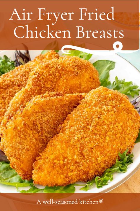 Make crispy, moist, and tender Air Fryer Fried Chicken Breasts at home. Traditional breading technique and a secret ingredient make it perfect. Pin it now! #seasonedkitchen #airfryerfriedchickenbreasts #airfryerfriedchicken #easyfriedchicken Breaded Chicken Air Fryer, Breaded Chicken Tenders Air Fryer, How To Make Breaded Chicken In Air Fryer, Air Fryer Fried Chicken No Buttermilk, Frozen Breaded Chicken In Air Fryer, Fried Chicken Breast Recipe, Easy Fried Chicken, Air Fryer Fried Chicken, Night Dinner Recipes